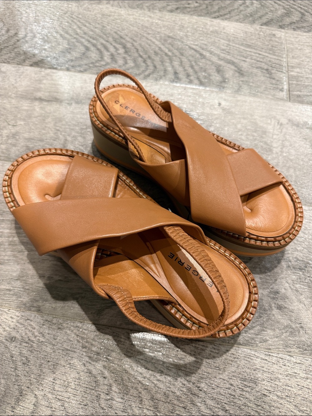 Robert Clergerie Cognac Leather Cross-Strap Platform Slingback Sandals size 6